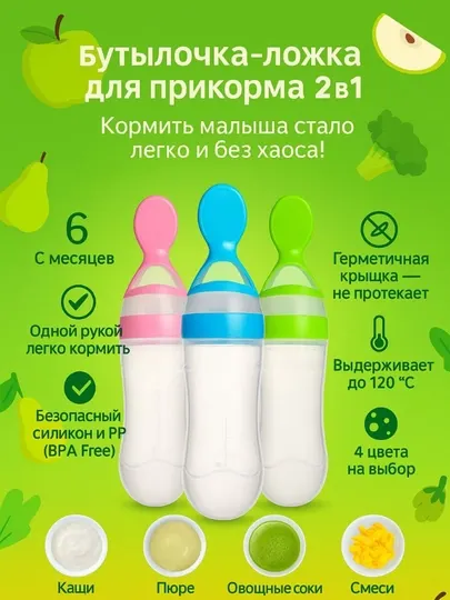 Ложка бутылочка для кормления малышей 2в1, детская бутылочка с ложкой, 90 мл