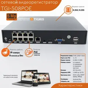 Сетевой 5Мп видеорегистратор 2в1 со встроенным PoE-коммутатором TGI-508POE 8-и канальный