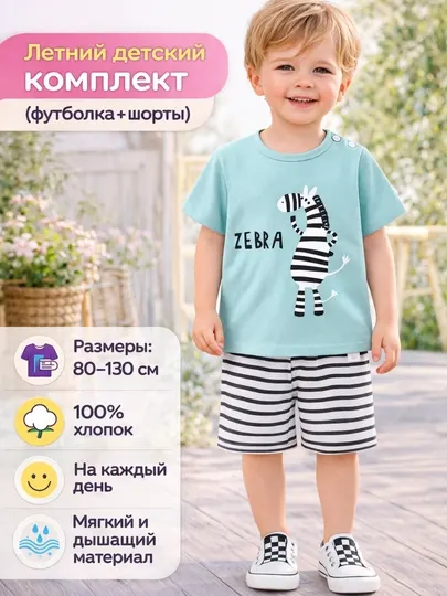 Детский летный комплект одежды, для мальчиков - футболка и шорты, 100% хлопок