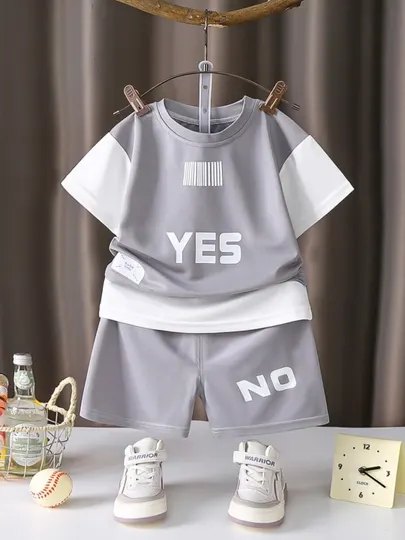 Детский комплект "YES/NO", футболка и шорты, бамбук, синий, серый и зелёный