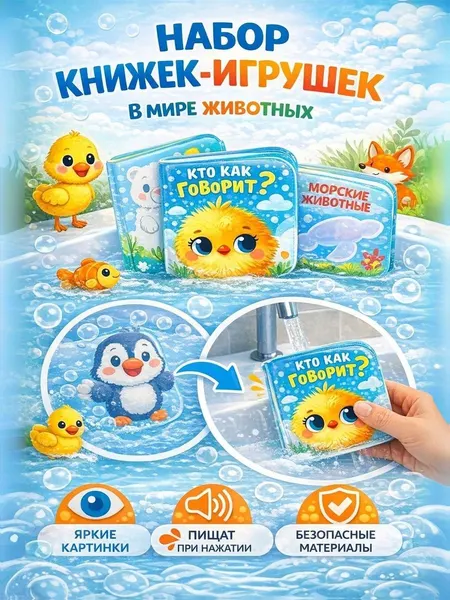 Книжка-игрушка "В мире животных" / водная раскраска для малышей, 3 книжки в комплекте 0+
