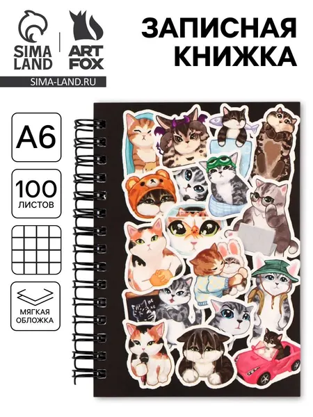 Блокнот А6, 100 листов, в клетку "Мемные коты"