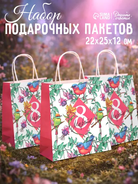 Пакеты подарочные на 8 марта, набор 3 шт, 22 х 25 х 12 см