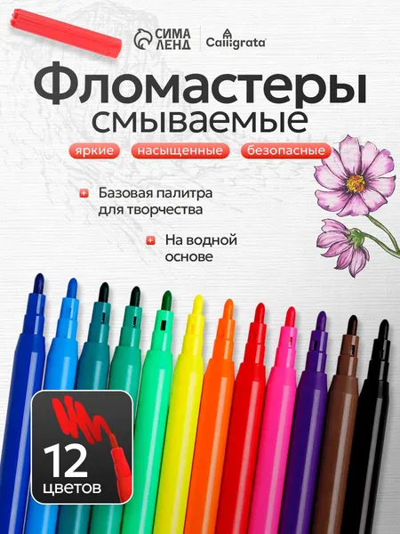 Фломастеры для рисования смываемые 12 цветов, на водной основе