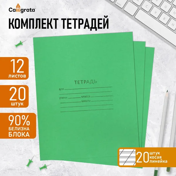 Комплект тетрадей из 20 штук, 12 листов в косую линию