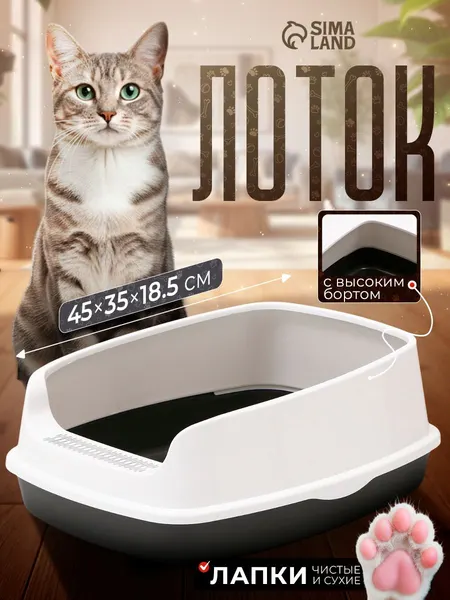 Лоток для кошек большой, с бортом, 45 х 35 х 18.5 см