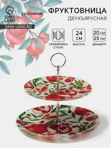 Блюдо сервировочное 2-х ярусное 20/25 см, Доляна "Гранат", этажерка для закусок и фруктов, стеклянное