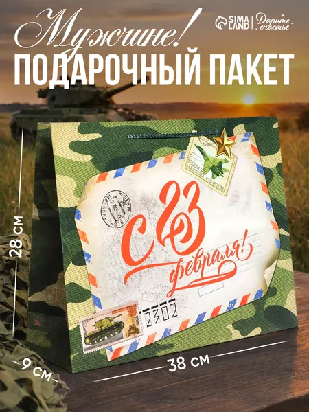Подарочный пакет на 23 февраля, L 28 х 38 х 9 см