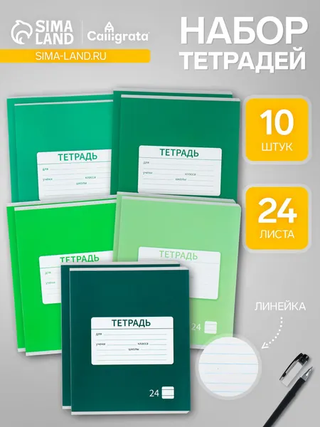 Комплект тетрадей из 10 штук, 24 листа в линию Calligrata Однотонная Новая Школьная. Эконом , обложка мелованная бумага, ВД-лак, блок №2, белизна 75% (серые листы), 5 видов по 2 штуки