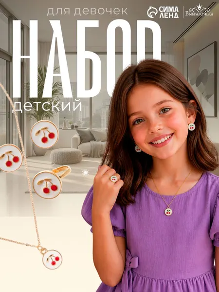 Детский набор украшений "Вишня" 3 предмета: кулон, кольцо, серьги / бижутерия для девочек