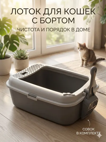 Лоток для кошек с бортом, 30x39x13.5 см, с совком