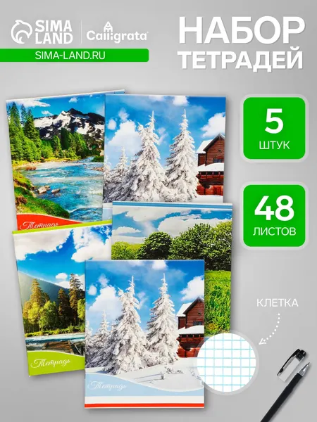 Комплект тетрадей 5 штук, 48 листов в клетку Calligrata Времена года , обложка мелованный картон, блок офсет