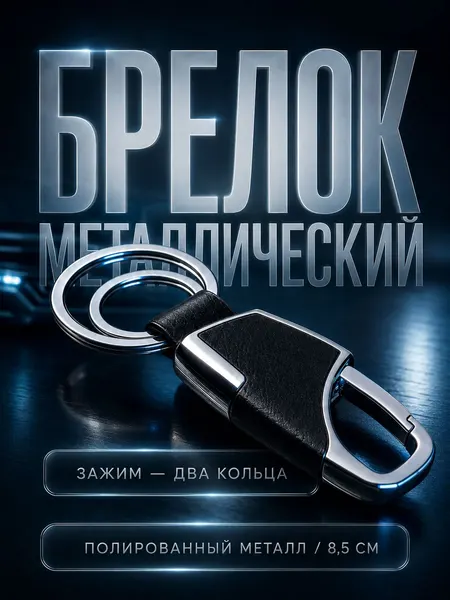Металлический брелок-зажим с двумя кольцами, 8.5 см, серебро