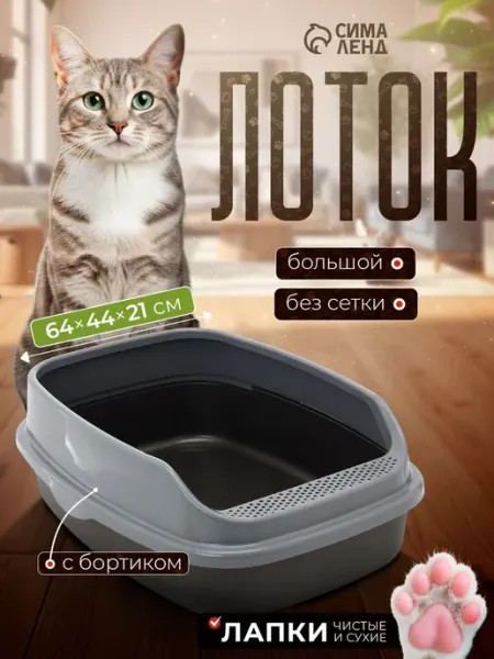 Лоток для кошек большой, с высоким бортом, XL 64x44x21 см, темно-серый