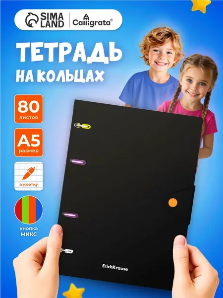 Тетрадь на кольцах и кнопке А5, 80 листов в клетку, пластиковая обложка