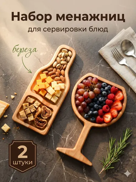 Менажница деревянная, набор посуды подарочный, 2 шт, Adelica