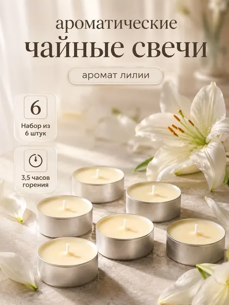 Свечи чайные / 6 шт "Лилия" ароматические , подарочная упаковка