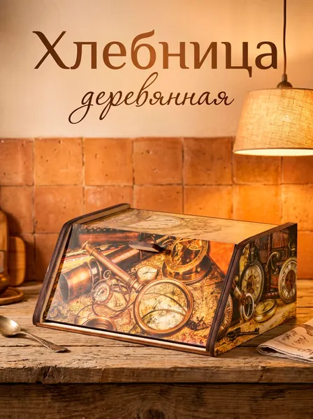 Хлебница с крышкой, деревянная, Доляна "Клад", коричневая, желтая