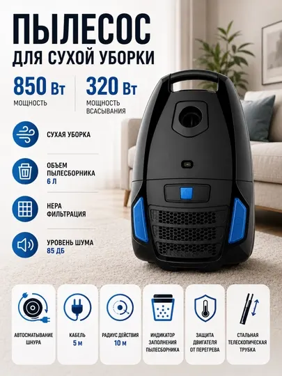 Пылесос Bench BVC-M22B32DB, 2200 Вт, 320 Вт, 6 л, HEPA, с мешком