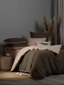 SleepiX Комплект постельного белья King Size "Юко" 220х240-1/230х250-1/50х70-2/70х70-2 сатин, с эффектом жатой ткани, темно-коричневый, розовый