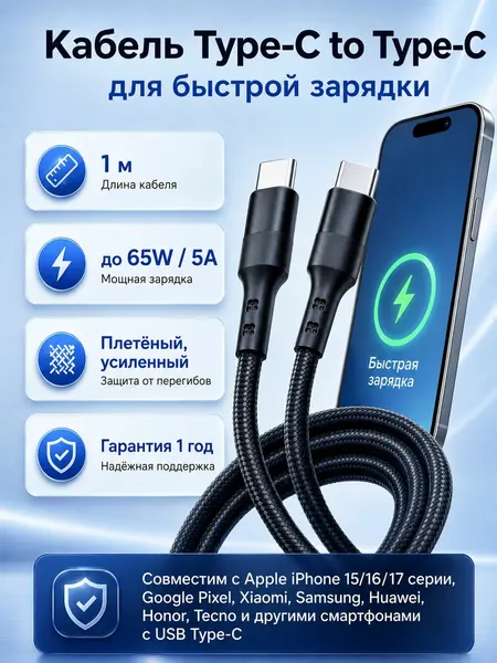 Кабель Type-C 1 метр (USB-C) 65W 5A Плетеный