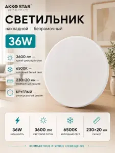 Светильник светодиодный накладной, круглый, безрамочный, 36 Вт, 3600 лм, 6500K, 230х20 мм, белый, AKKO STAR