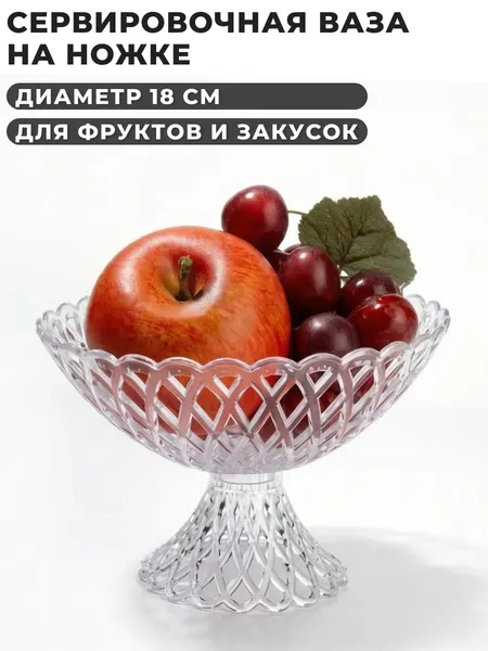 Сервировочная ваза на ножке: плетёный декор, диаметр 18 см, высота 12,5 см, пластик, для конфет, фруктов и закусок