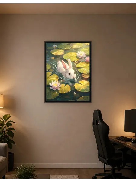 Postersbase Плакат Картина «Белый кролик в пруду с лилиями» 50x70