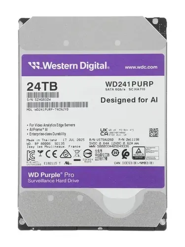 Western Digital 24 ТБ Внутренний жесткий диск, 3.5", 7200 об/мин, SATA III 6 Гбит/с (WD241PURP)