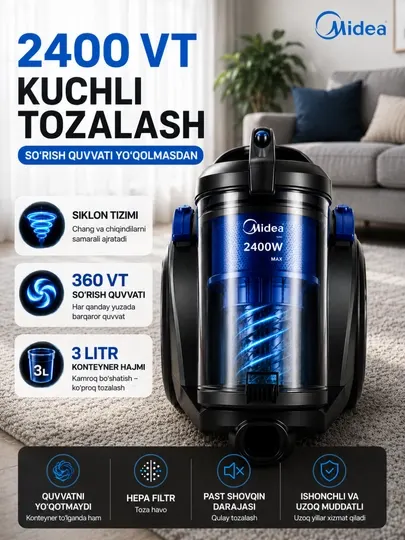 Пылесос Midea – MC14KYBG 2400 Вт мощность, 360 Вт всасывания, HEPA‑фильтр, для дома