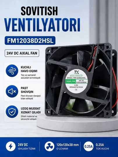 Вентилятор охлаждения 24V DC, axial fan FM12038D2HSL, мощный поток воздуха