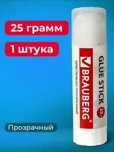 Клей-карандаш Brauberg Crystal 25 грамм, прозрачный, PVP (ПВП) основа, для школы, офиса, творчества