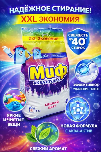 Стиральный порошок "Миф", для белых тканей, машинная стирка, 9 кг
