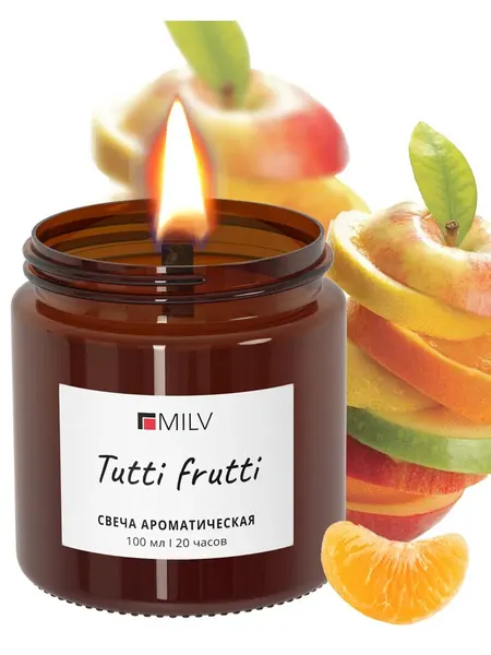 MILV Свеча ароматическая с деревянным фитилём "TUTTI FRUTTI" 100 мл, до 20 часов