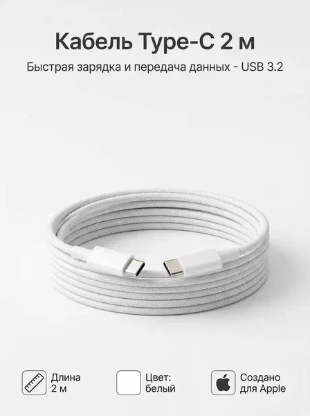 Провод Type-C - Type-C 60 W 2 метр Белый быстрая зарядка для iPhone 15,16, 17, Samsung, Xiaomi и других устройств