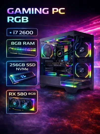 Игровой компьютер intel Core i7, 8ГБ оперативка, 256ГБ SSD NVMe RX580 8GB Аквариум кейс