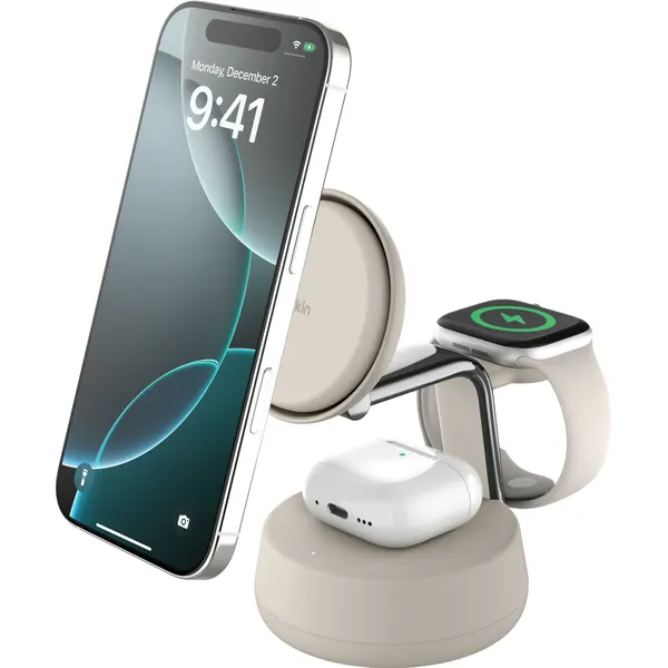 Беспроводное зарядное устройство Belkin Ultracharge Pro Qi2 25W 3-in-1 Magnetic Charging Stand Бежевый