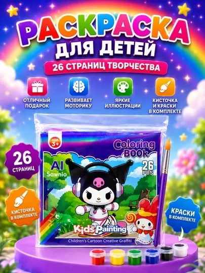 Раскраска для детей AI Sawnio, 26 страниц, краски и кисточка в комплекте