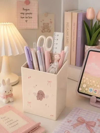 Настольная карандашница Kawaii 1 секция, органайзер для ручек с зайчиком
