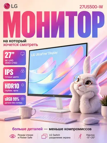 LG 27" Монитор 27US500-W 27" 4K UHD IPS, белый, безрамочный, HDR10, для дома и офиса, IPS, 3840x2160 4K, 60 Гц, белый