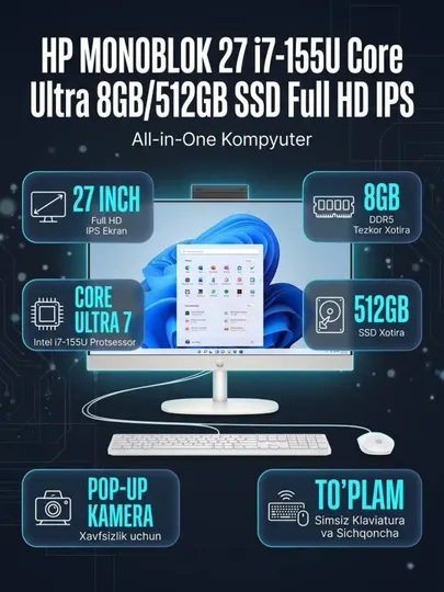 Моноблок HP All-in-One 27-cr1004ci, Core Ultra 7-155U, DDR5 8GB, SSD 512GB, 27″ FHD IPS