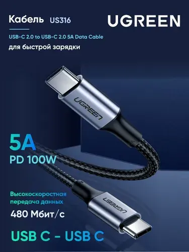 Кабель UGREEN US316 (90120) USB-C to USB-C 2.0 5A Alu Case with Braid Cable. Длина 3м. Цвет: серый
