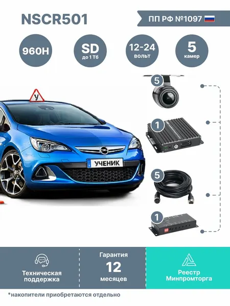 Комплект видеонаблюдения для автошкол NSCAR 501 SD (видеорегистратор 4х канальный, 5 камер, квадратор, микрофон, провода подключения)