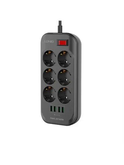 Сетевой фильтр (удлинитель) LDNIO SE6403 2M, 6 розеток + 4 USB, с защитой, чёрный