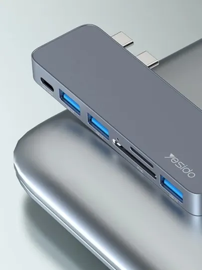 USB Hub, USB концентратор, адаптер Yesido HB10, адаптер для MacBook, 2x Type-C, 3x USB, TF, SD