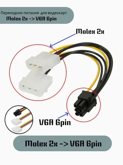 Переходник питания для видеокарт Molex 2x -> VGA 6pin
