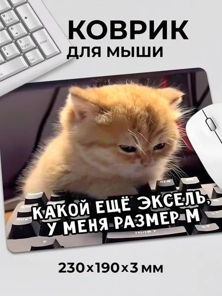 Коврик для мышки прикол мем Котик Какой еще эксель у меня размер М, на нескользящем резиновом основании 230x190x3 мм