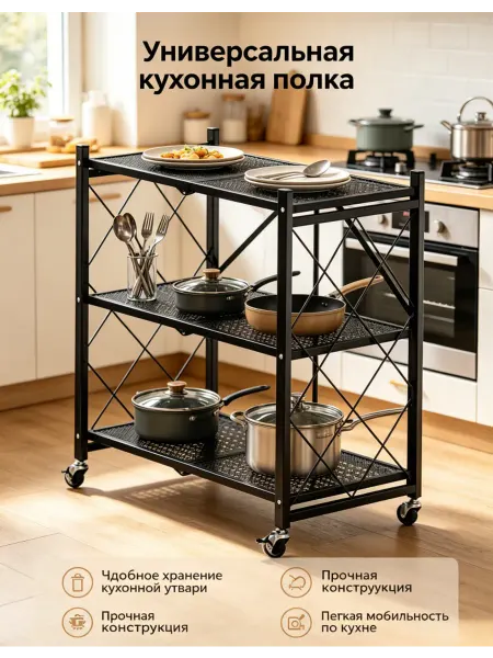 Черная этажерка 3 яруса складная на колесиках