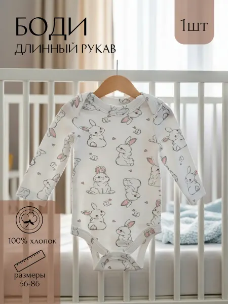 Боди с длинным рукавом "Зайчики с птичкой", 1 шт