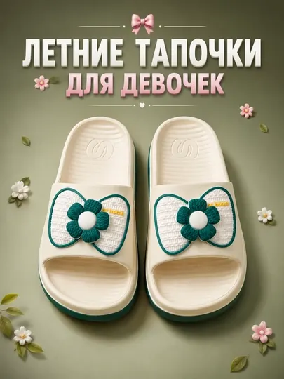 Летние тапочки для девочек | Домашние детские шлепанцы с бантом и цветком